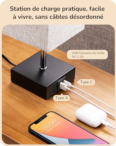 Lot de 2 lampes de chevet tactiles USB-C, Edishine