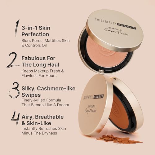 Image of Swiss Beauty Select Born To Last Compact Powder | 3-in-1 Skin Perfection | Oil Control | Blurs Pores | Matte Finish | Fresh Makeup for hours | With Squalane & Vitamin E | 6.5g, Shade- 2. Sunlit Sand