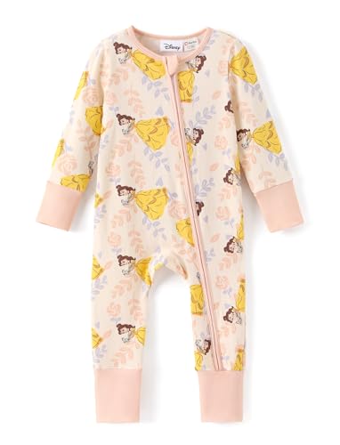 Disney Princess Belle Organic Cotton Newborn Infant Baby Girls One Piece Long Sleeve Zipper Romper Footies 3-6 Months