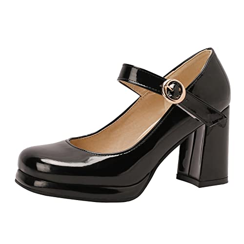 Elbslutt Women's Patent Leather Chunky Mary Janes Platform Square Toe High Block Heels Ankle Strap Pumps