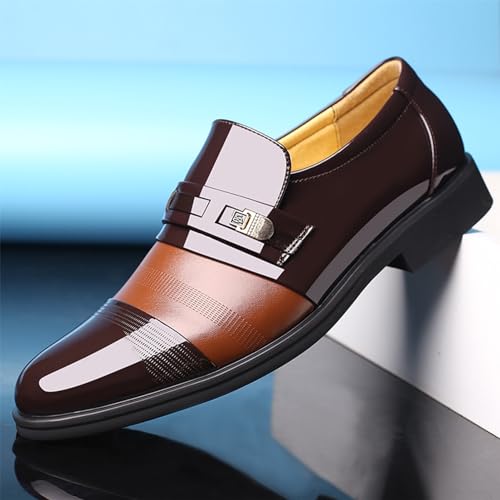 Men's Printing Pointed-Toe Patent Leather Derby Oxford Shoes, Classic Round Toe Soft Bottom Slip-On Business Work Loafers Plus Size Casual Business Low Top Pointed Toe Breathable Suit Shoes2