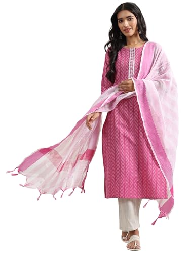 Image of Libas Womens Woven Design Cotton Blend Straight Kurta With Trousers and Dupatta | daily wear suit