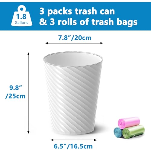 Image of Lysam Bathroom Trash Can, 8 Pack 1.8 Gallons Small Trash Can with Trash Bags, Bathroom Garbage Can, Plastic Trash Bin, Round Waste Basket for Bedroom, Office, Kitchen, Room, Compact Space (White)
