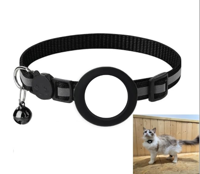 Collar Gato, Collar para Gato Reflectante Ajustable con Cerradura de Campana Cubierta Protectora de Etiqueta de Aire,Adecuado para Gatitos Cachorros(Negro)
