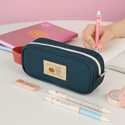 Image of Monolike Unmatched Friends Butter Pencil Case, Navy - Structured Square Desk Organizer, Large Capacity Aesthetic Stationery Pouch & Makeup Brush Bag