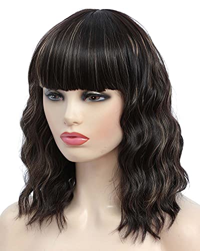 JOLNVCA Highlighted Short Bob Wigs with Bangs Curly Wavy Brown Mixed Blonde Wig Cosplay Wigs for Women Girls Shoulder Length Colored Wigs Heat Resistant Synthetic Hair Daily Party Wig 14 Inch