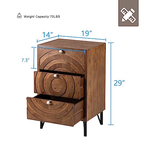 Image of HOMPUS 3 Drawer End Table, Modern Nightstand with Concentric Circles Pattern, Farmhouse Night Stand with 3 Storage Drawers, Wooden Bedside Table, Nightstand w 3 Drawers for Sunroom, Apartment