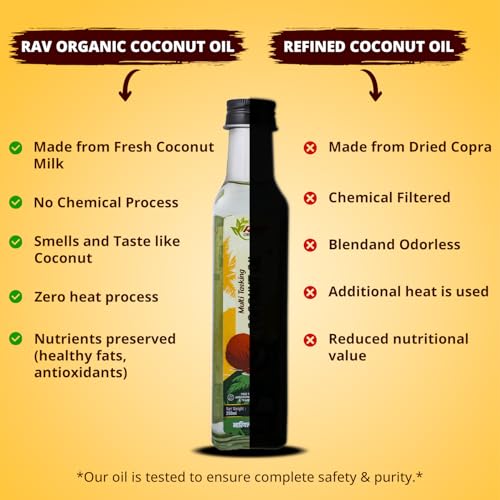 Image of Rav Organics Virgin Coconut Oil 250 ml | 100% Pure Wood Cold-Pressed, Unrefined & Edible | For Cooking, Hair, Skin & Baby Care,Oil Pulling | Nariyal Tel /Gari ka Tel for Hair | Free From Argemone Oil & Trans Fat