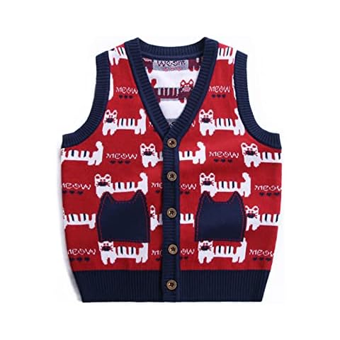 Balipig Boys V-Neck Sleeveless Jumper for Kids Knitwear Tank Top Boys Knitting Cardigan Cotton Knitted Sweater Vest Cat Children Knitwear for 7-8 Years, Dark Red Cover