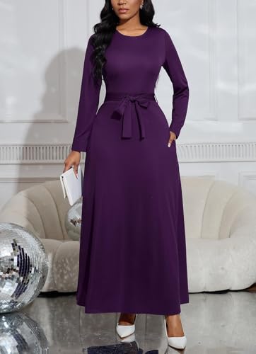 Image of BubFee Long Dress for Women Casual Long Sleeve Dresses Maxi Dress Empire Waist Loose with Belt