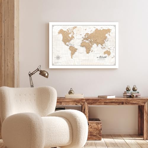 Image of IPIC - Vintage World Map Pin Board Canvas Wall Art, Travel Map with Pins Included, Ready to Hang for Home or Office, 24x16 Inch