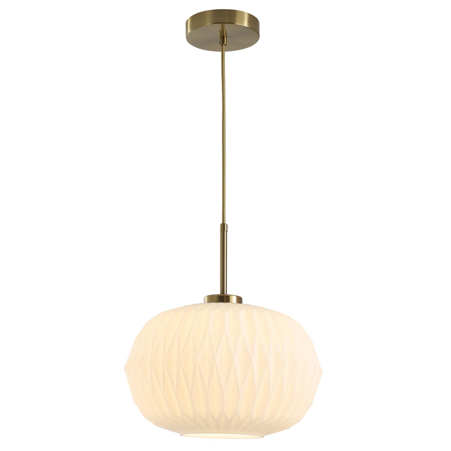 Mid Century Modern Pendant Light with White Striation Glass Shade Gold Brass Pendant Light for Kitchen Island Bedroom Dining Room
