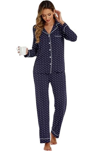 Image of LUBOT Womens Bamboo Viscose Pajamas Set 2 Piece PJs Set for Women Buttery Soft Button-Down Long Sleeve Cozy Printed Sleepwear Loungewear (Navy Blue Dot, S)
