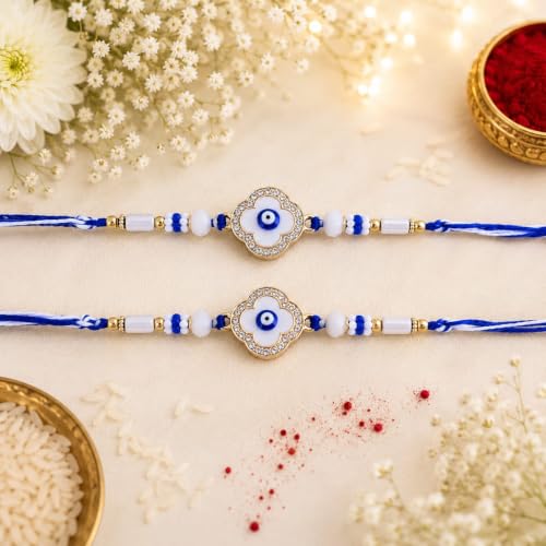 Image of Evil Eye Clover Rakhi with Crystal Beads, Blue & White, Set of 2