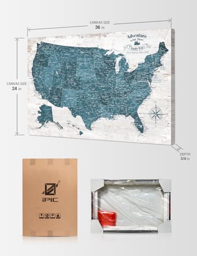 Image of IPIC - Large Vintage Teal USA Map Wall Art, Push Pin USA Map to Track Your Travels, Farmhouse Style Canvas Wall Decor for Home, Office, Living Room or RV, Ready to Hang, Made in USA