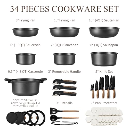 CAROTE 34pcs Nonstick Pots and Pans Set RV Safe, Induction Compatible, Jet Black