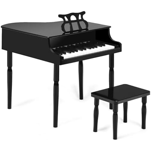 HONEY JOY Classical Kids Piano, 30-Key Mini Grand Piano with Music Stand and Bench, Wooden Musical Instrument Toy w/Lid & Music Rack, Gift for Boys Girls Ages 3+ (4 Straight Leg-Black)
