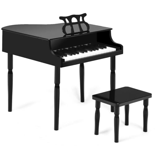 HONEY JOY Classical Kids Piano, 30-Key Mini Grand Piano with Music Stand and Bench, Wooden Musical Instrument Toy w/Lid & Music Rack, Gift for Boys Girls Ages 3+ (4 Straight Leg-Black)