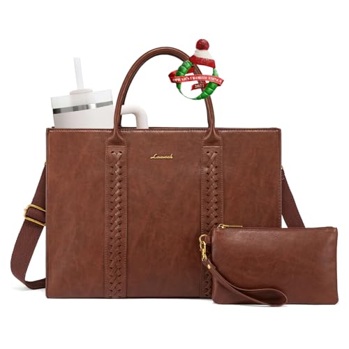 LOVEVOOK Laptop Tote Bag for Women, Vintage Leather Work Bag With Cup Holder, Waterproof Computer Purse, Professional Briefcase Office Shoulder Handbag, 15.6 Inch, Brown