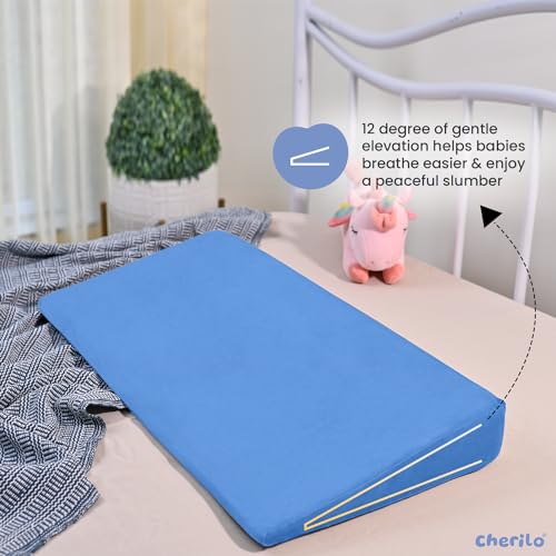 Image of Cherilo Full Size Elevated Wedge Pillow for Baby Crib & Mattress, Helps to Elevate Baby for Acid Reflux, Colic, GERD, Heat Burn & Vomiting | 28 inch x 14 inch x 3.5 inch | - With Removable Velvet Cover - Sky Blue