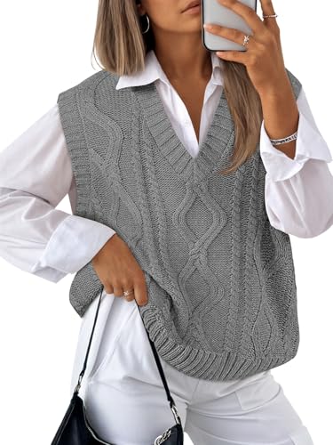 Trendy Queen Women' s Oversized V Neck Sweater Vest Sleeveless Cable Knit Casual Pullover Tops
