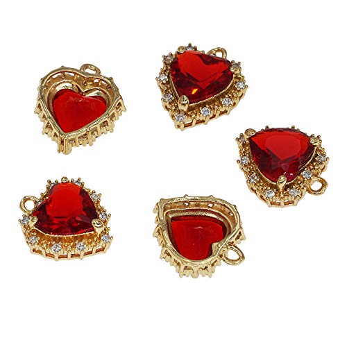 Zealian 5Pcs Gold Plated Alloy Zirconia Red Crystal Heart Charms For Jewelry Making Bracelet Necklace Earring Pendant Craft Supplies Diy Accessories (Red) #TOP6