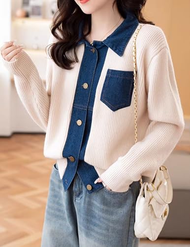 Image of Womens Sweaters Patchwork Denim Sweater Cardigan Long Sleeve Chunky Knit Cardigans Fall Cardigan