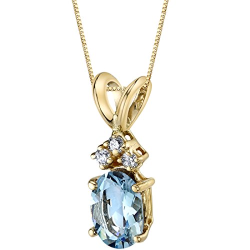 PEORA Solid 14K Yellow Gold Aquamarine and Diamonds Pendant for Women, Genuine Gemstone Solitaire, Oval Shape, 7x5mm, Blue Aquamarine Necklace, March Birthstone Necklace, w/Jewelry Box