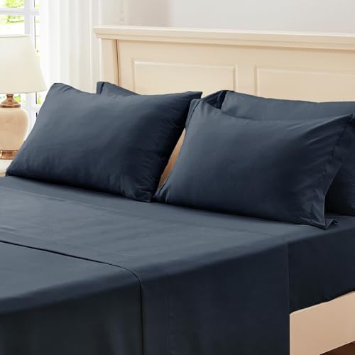 Image of Zzlpp King Comforter Set 7 Pieces, Navy Blue Seersucker Bed in a Bag with Comforter, 2 Pillow Shams, 2 Pillowcases, 1 Flat Sheet, 1 Fitted Sheet