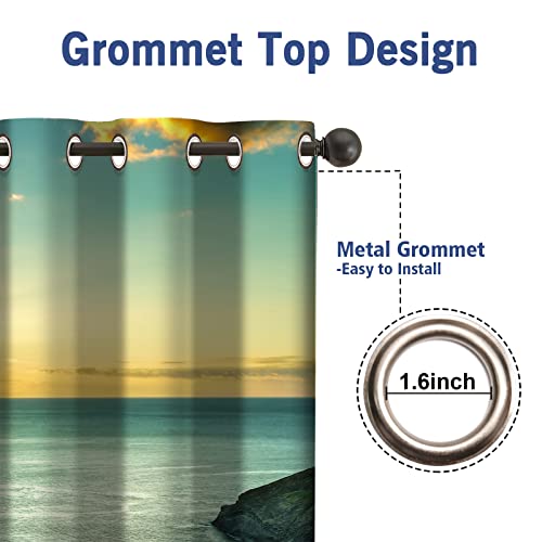 Jekeno Ocean Beach Blackout Curtains Ocean Morning Sunrise Decor for Bedroom Living Room with Hawaiian Seaside Scene Island Green Print Grommet Window Drapes 2 Panel Set, 52"x84"