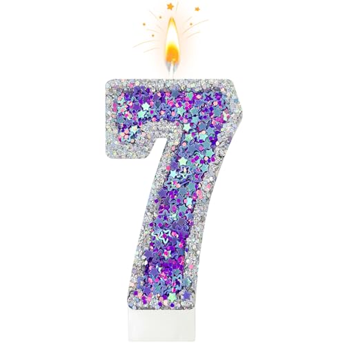 Lurevian K-pop Number 7 Birthday Candle Star Glitter Filled Number Candle Purple Silver Fantasy Cake Topper for Birthday Party Decoration