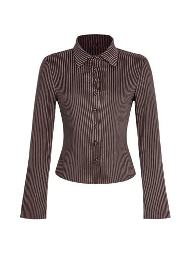 SweatyRocks Women's Striped Collar Long Sleeve Slim Fit Button Down Shirts Work Blouse4
