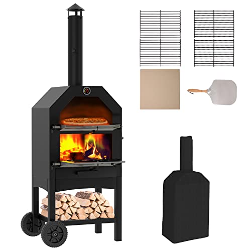 UDPATIO Pizza Ovens for Outside, Outdoor Pizza Oven Wood Fire with Pizza Stone, Waterproof Cover and Peel, 2 Layer Steel, Freestanding Portable Pizza Grill with Wheels for Barbecue Camping Backyard