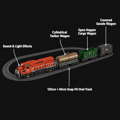 Image of Freight Train Set for Kids with Track - 20 Piece Electric Train Toy with 3 Cargo Wagons Sound Light Effects Battery Operated Classic Locomotive Toy Train