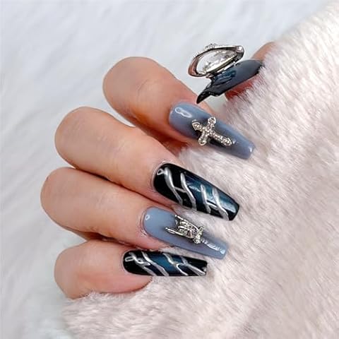 Press on Nails, Handmade Long Square Fake Nails, Crown diamond, Easy to Replace False Nails for Wedding, Party, Birthday. Stick on Nails with Storage Box 10 Pcs (Gothic Crown, M) Cover