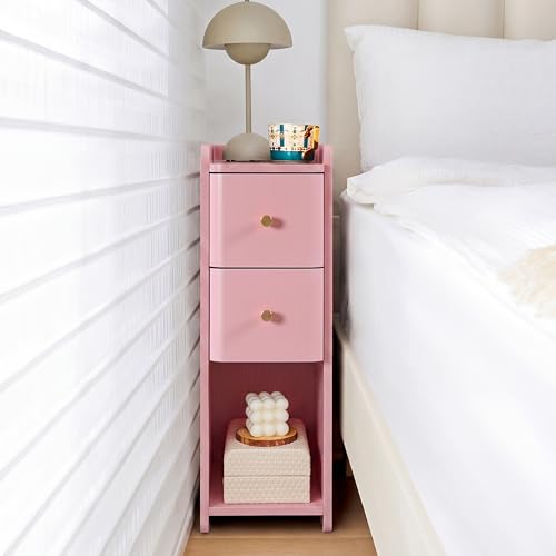 Image of FurSch Narrow Nightstand, Wooden 2 Drawer, Slim Side End Table, Pink, 1 pc