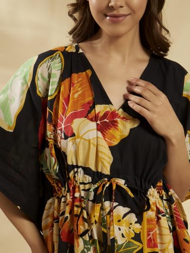 Image of Ravaiyaa Women Printed Cotton V-Neck Knee Length Kaftan Dress Nighty