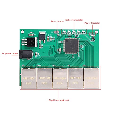 Conmutador de 5 puertos Gigabit Ethernet PCB con alimentación DC 5V y luces LED de diagnóstico 7