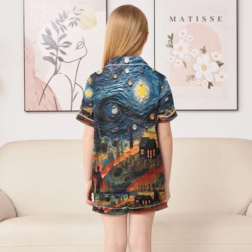 ALAZA Magic Starry Night Van Gogh House Satin Pajamas Set Short Sleeve Button Down Sleepwear Summer Pjs 2 Piece4