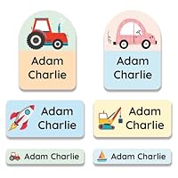 Pack of 82 Personalised Name Labels for Clothes Stick-On Personalised Clothes Labels 3 Sizes for Clothing Name Tags Kids Name Stickers Papa Prints - Vehicle