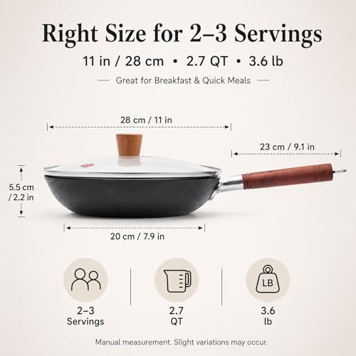 Image of WANGYUANJI 11 Inch Cast Iron Skillet with Glass Lid, Uncoated Cast Iron Frying Pan for Steak, Eggs, Sauteing,Flat Bottom Skillet for Gas, Electric & Induction Cooktops