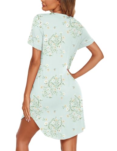 Image of Ekouaer Nightgowns for Women Button Down Night Gowns Short Sleeve Sleep Shirt V Neck Nightshirt Soft Sleepwear Pajams Dress