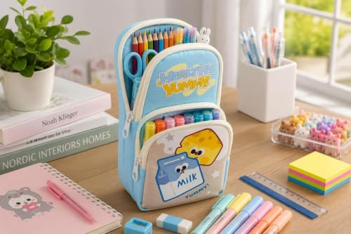 Image of WORSHIPER Double Zipper Pencil Pouch for Kids | Large Capacity Stationery Organizer | Multi-Compartment Pencil Case for School, Office & Travel | Cute Food Theme Design(Healthy Yummy - Pouch)