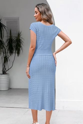 Image of Newshows Women's Hollow Slim Summer Fall Church Work Casual Sweater Dress | Machine Washable Knit Sweater Fabric, Hollow Design, Bell Sleeve, Business Casual, Church Teacher Outfits, Modest Dress