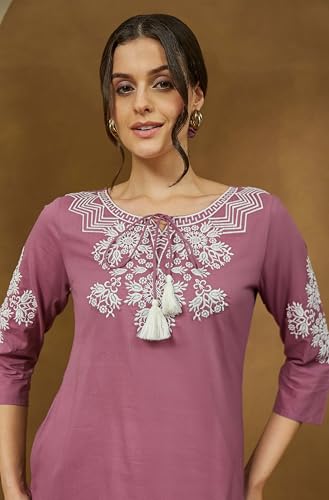 Image of Janasya Women's Purple Pure Cotton Embroidered Straight Tunic
