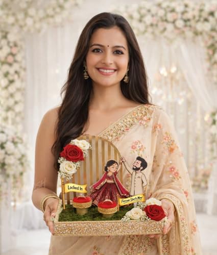 Image of Divyakosh Wedding Platter for Marriage | DIY Ring Ceremony Tray Set with Bride Groom Cutout, MDF Decor, Ring Holders, Floral Tray, Banner & Accessories Kit