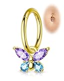 COCHARM 14G Gold Plated Clicker Belly Button Rings 10MM Purple Butterfly Belly Button Rings for Women Stainless Steel Navel Piercing Jewelry