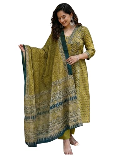 Image of ANNI Designer Women's Viscose Printed A-Line Kurta Set with Pant and Dupatta | Green Ethnic Wear | V-Neck | 3 /4 Sleeve Indian Traditional Outfit for Women