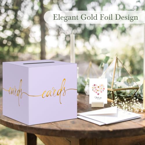 Image of Light Purple Card Box with Gold Foil Design, Paperboard 8.7 inch Gift Card Holder for Wedding Graduation Birthday Party Reception Retirement Anniversary Bridal & Baby Shower