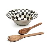 MACKENZIE-CHILDS Enamel Salad Serving Set, Enamel Bowl and Wooden Salad Servers, Decorative Kitchen Set, Black-and-White Courtly Check